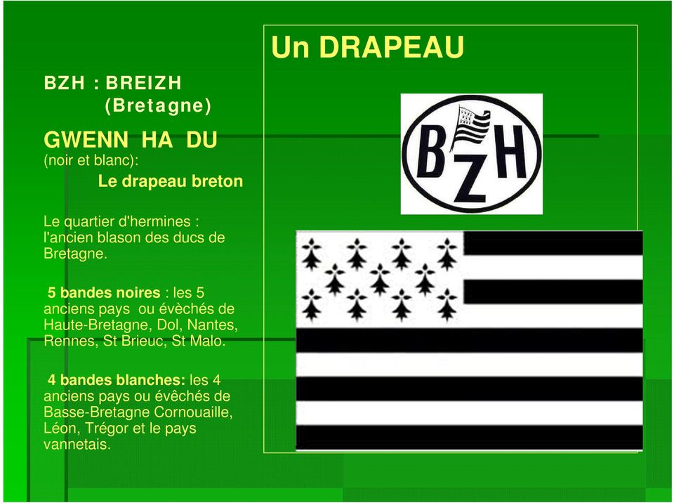 5 bandes noires : les 5 anciens pays ou évèchés de Haute-Bretagne, Dol, Nantes, Rennes, St