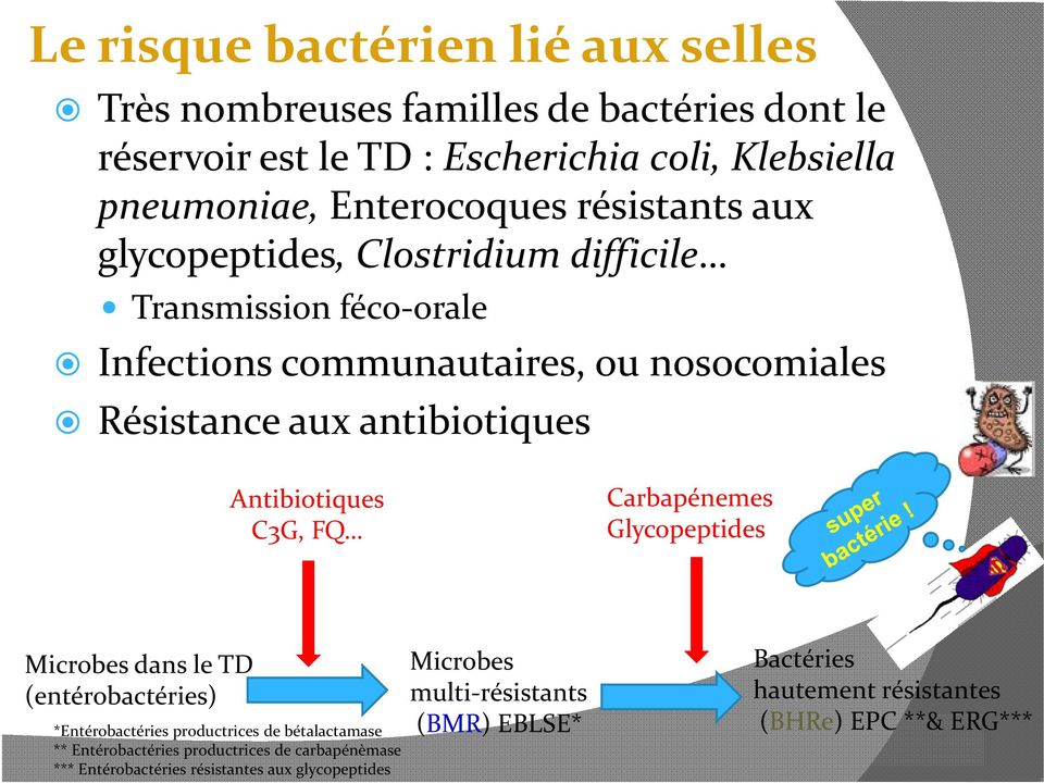 Antibiotiques C3G, FQ Carbapénemes Glycopeptides Microbes dans le TD (entérobactéries) *Entérobactéries productrices de bétalactamase ** Entérobactéries
