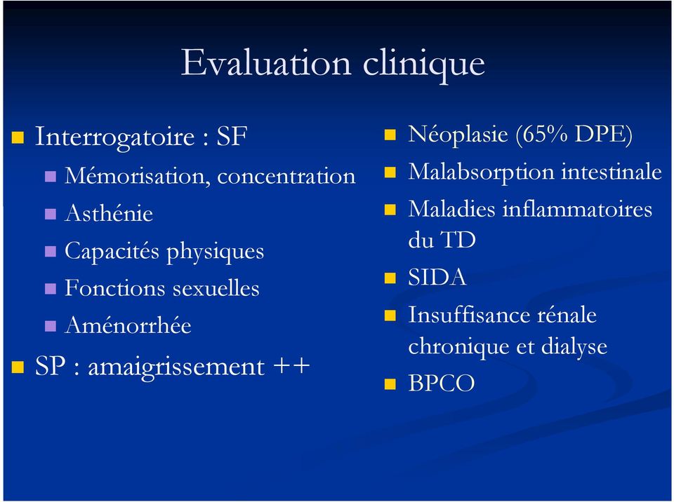 amaigrissement ++ Néoplasie (65% DPE) Malabsorption intestinale