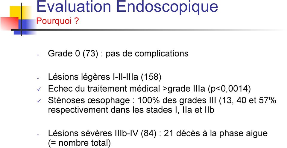 traitement médical >grade IIIa (p<0,0014) Sténoses œsophage : 100% des grades III