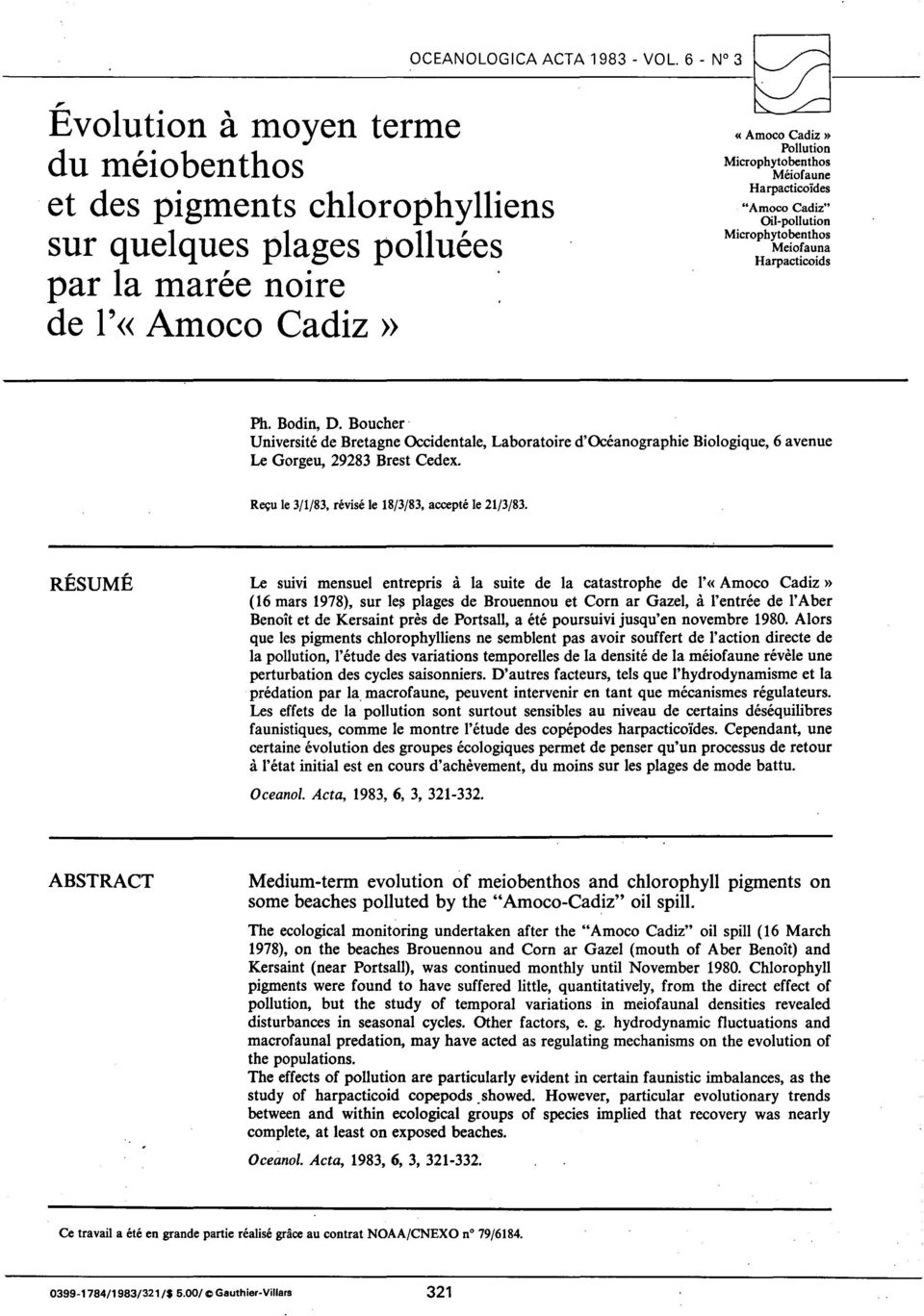 Méiofaune Harpacticoïdes "Amoco Cadiz" Oil-pollution Microphytobenthos Meiofauna Harpacticoids Ph. Bodin, D.