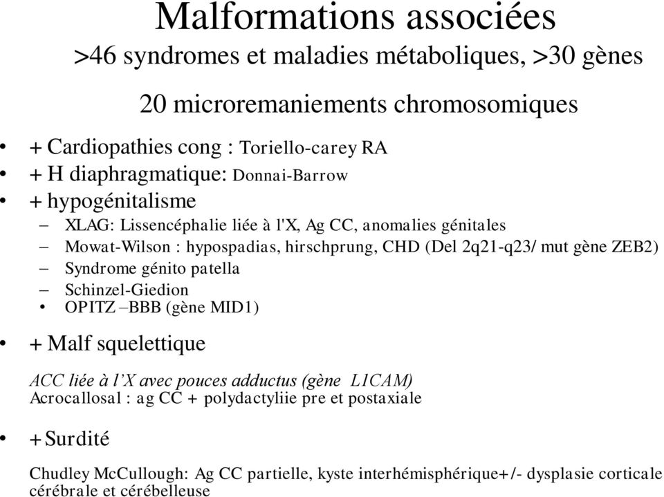 Malf squelettique ACC liée à l X avec pouces adductus (gène L1CAM) Acrocallosal : ag CC + polydactyliie pre et postaxiale +Surdité >46 syndromes et maladies