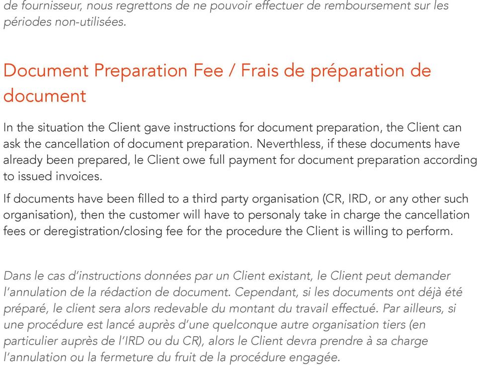 Neverthless, if these documents have already been prepared, le Client owe full payment for document preparation according to issued invoices.