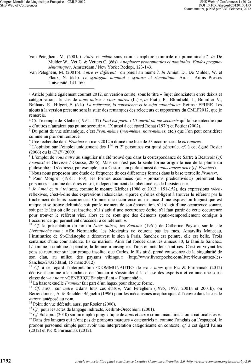 et Flaux, N. (éds). Le syntagme nominal : syntaxe et sémantique. Arras : Artois Presses Université, 141-160.