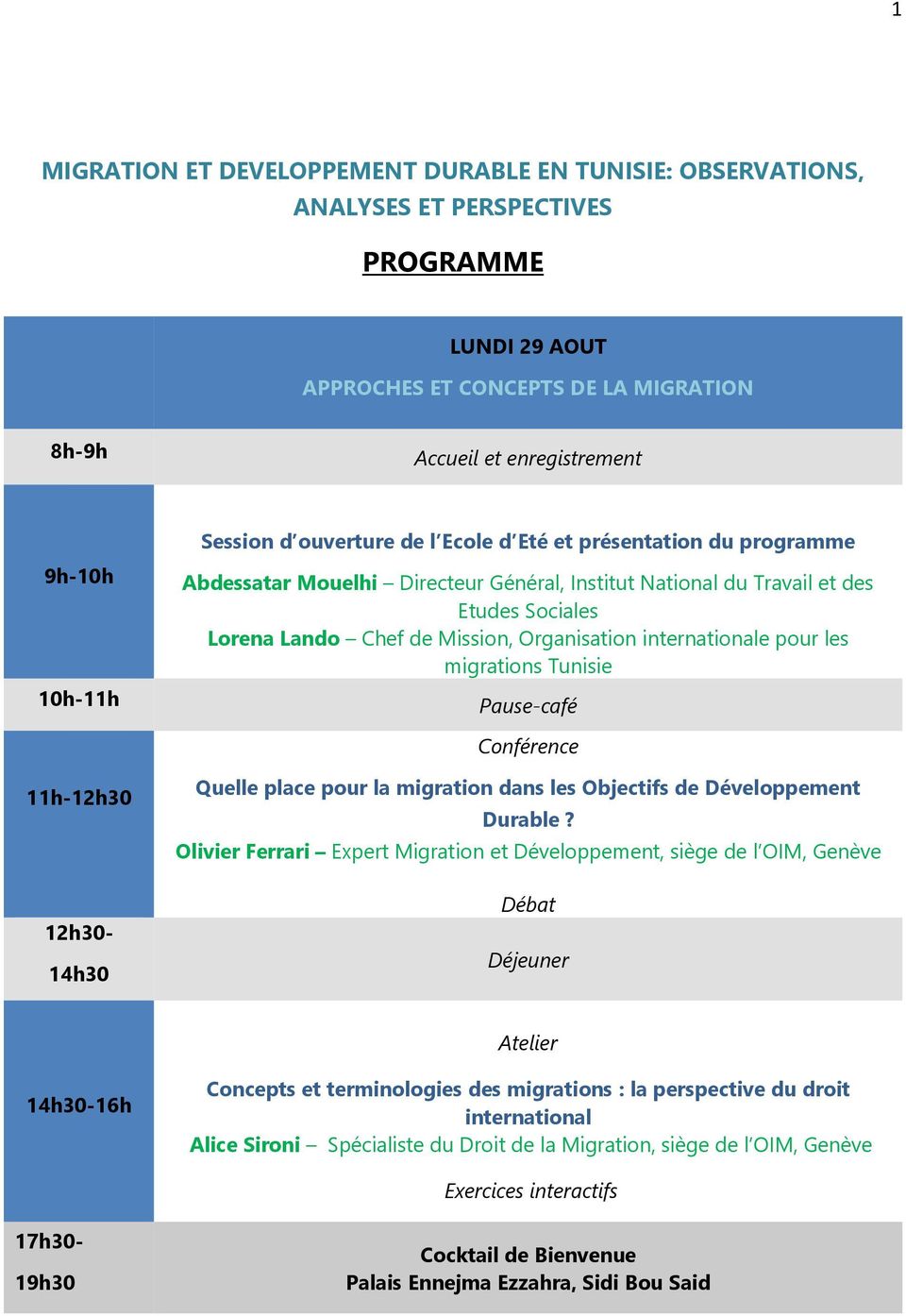 internationale pour les migrations Tunisie 11h-12h30 14h30 Quelle place pour la migration dans les Objectifs de Développement Durable?