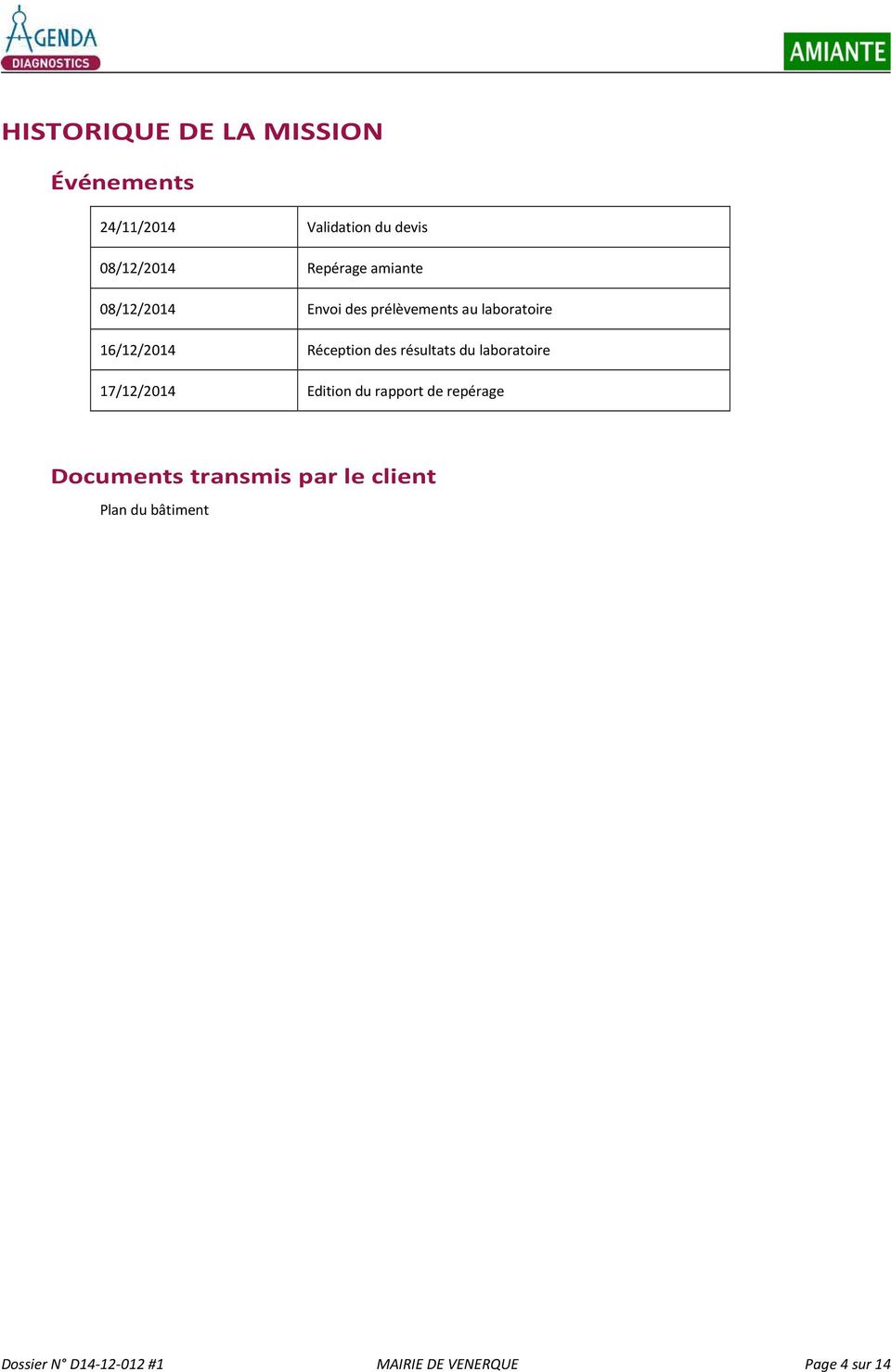 Réception des résultats du laboratoire 17/12/2014 Edition du rapport de repérage
