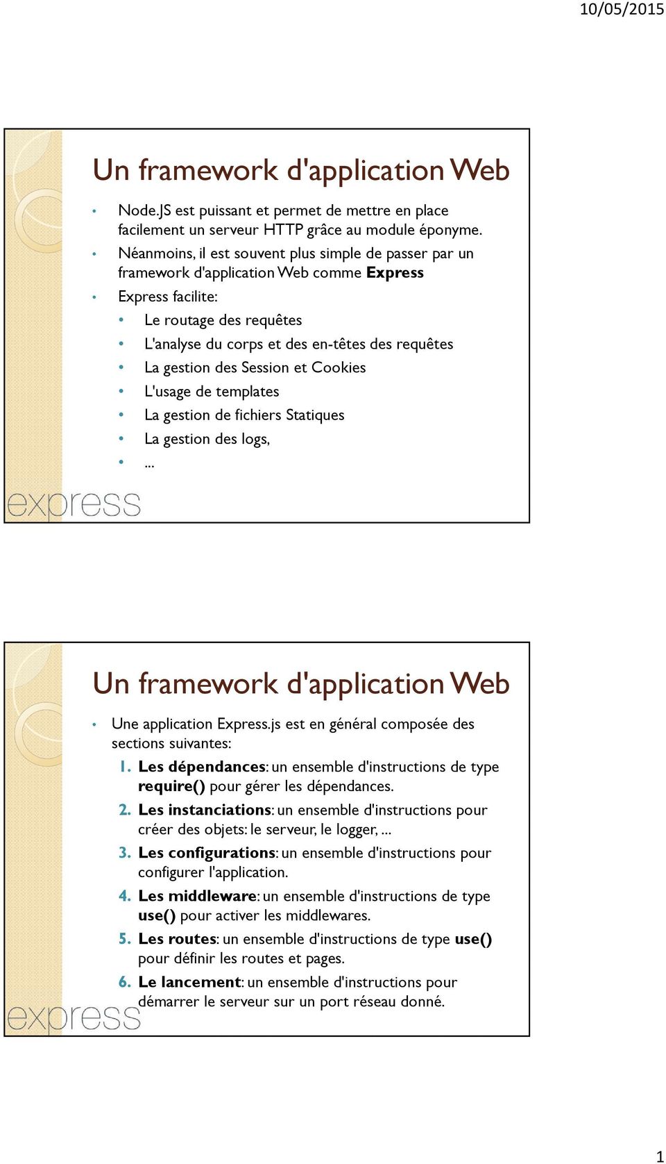 des Session et Cookies L'usage de templates La gestion de fichiers Statiques La gestion des logs,... Un framework d'application Web Une application Express.