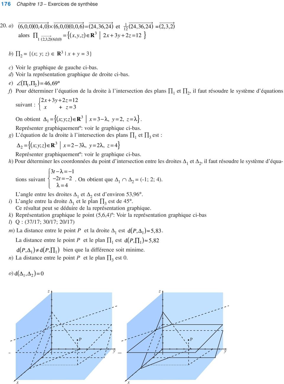 e) Π (, Π)= 46, 69 f) Pour déerminer l équaion de la droie à l inersecion des plans e, il fau résoudre le ssème d équaions + + z= suivan : + z= { } On obien = ( z ; ; ) R = λ, =, z= λ.