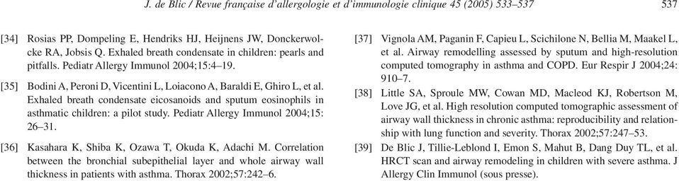 Exhaled breath condensate eicosanoids and sputum eosinophils in asthmatic children: a pilot study. Pediatr Allergy Immunol 2004;15: 26 31. [36] Kasahara K, Shiba K, Ozawa T, Okuda K, Adachi M.