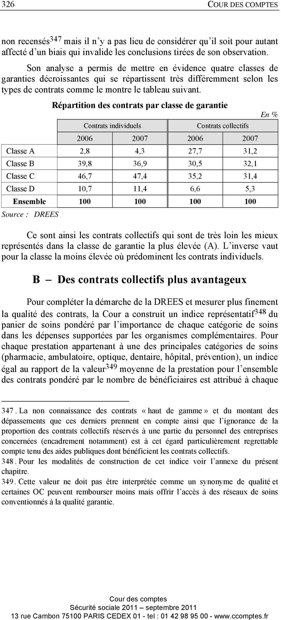 Répartition des contrats par classe de garantie En % Contrats individuels Contrats collectifs 2006 2007 2006 2007 Classe A 2,8 4,3 27,7 31,2 Classe B 39,8 36,9 30,5 32,1 Classe C 46,7 47,4 35,2 31,4