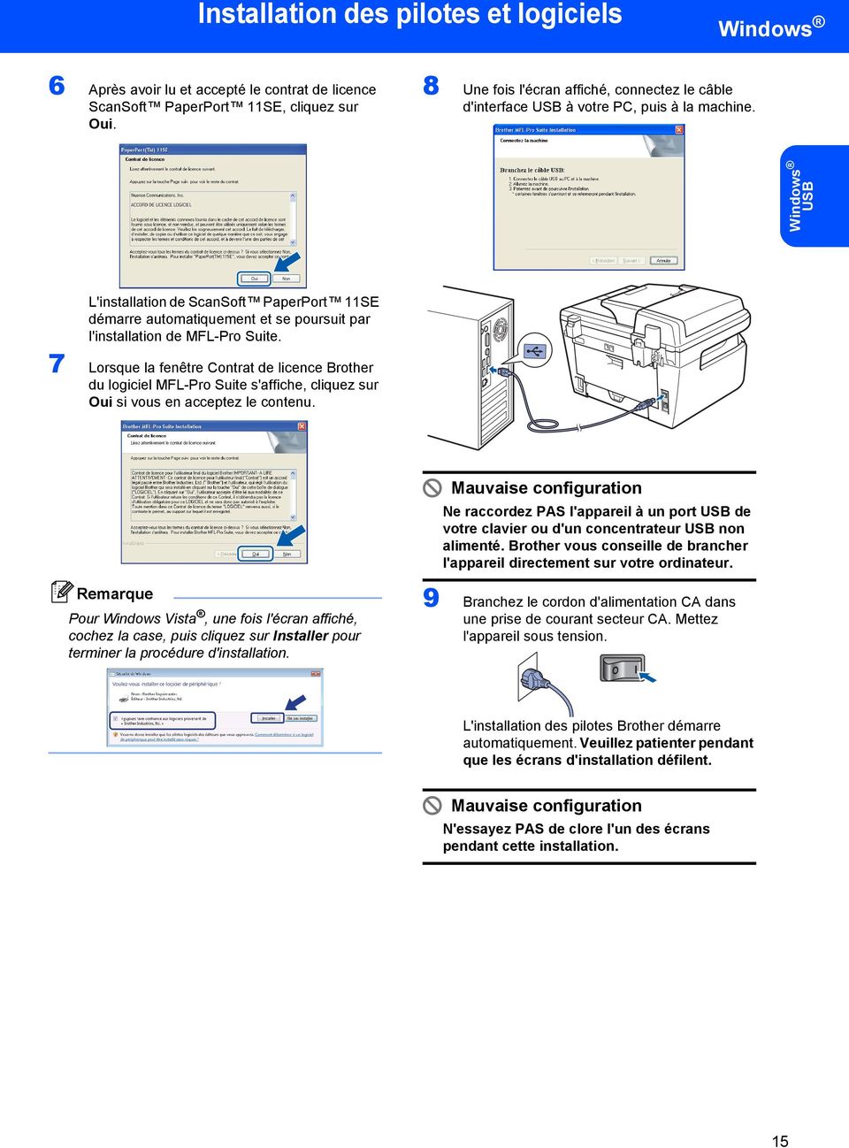 USB L'installation de ScanSoft PaperPort 11SE démarre automatiquement et se poursuit par l'installation de MFL-Pro Suite.