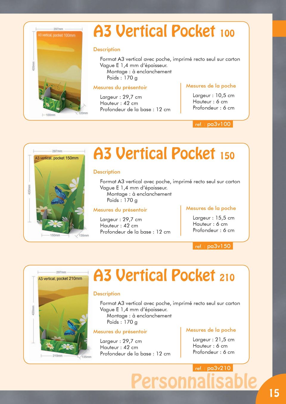 : pa3v100 A3 Vertical Pocket 150 Format A3 vertical avec poche, imprimé recto seul sur carton Vague E 1,4 mm d épaisseur.