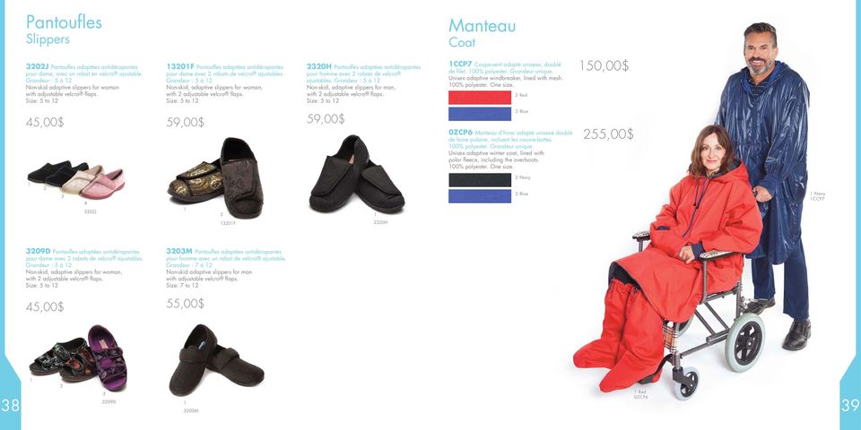 Grandeur : 5 à 2 Non-skid, adaptive slippers for woman, with 2 adjustable velcro flaps. Size: 5 to 2 2320H Pantoufles adaptées antidérapantes pour homme avec 2 rabats de velcro ajustables.
