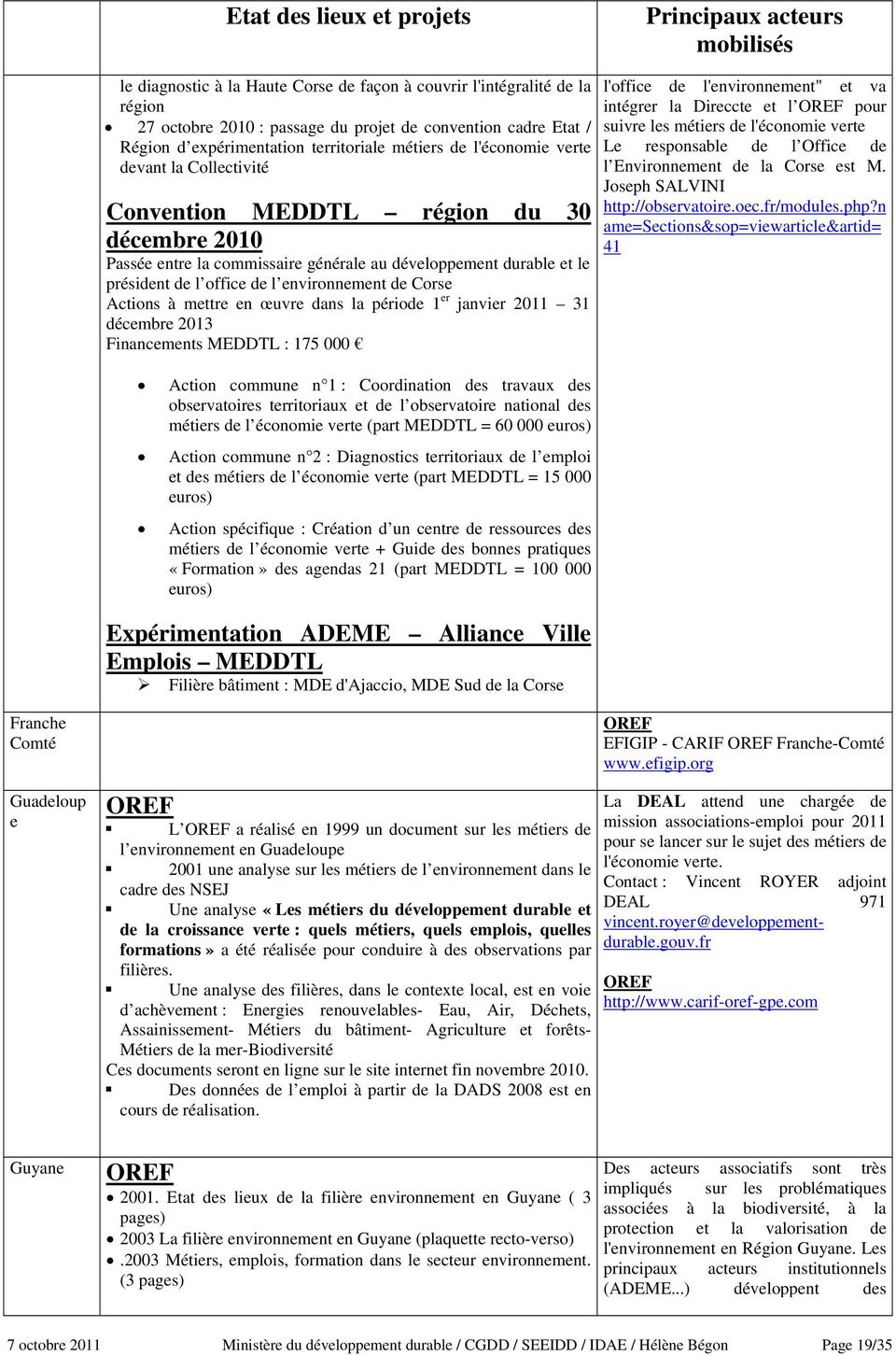 de l environnement de Corse Actions à mettre en œuvre dans la période 1 er janvier 2011 31 décembre 2013 Financements MEDDTL : 175 000 l'office de l'environnement" et va intégrer la Direccte et l