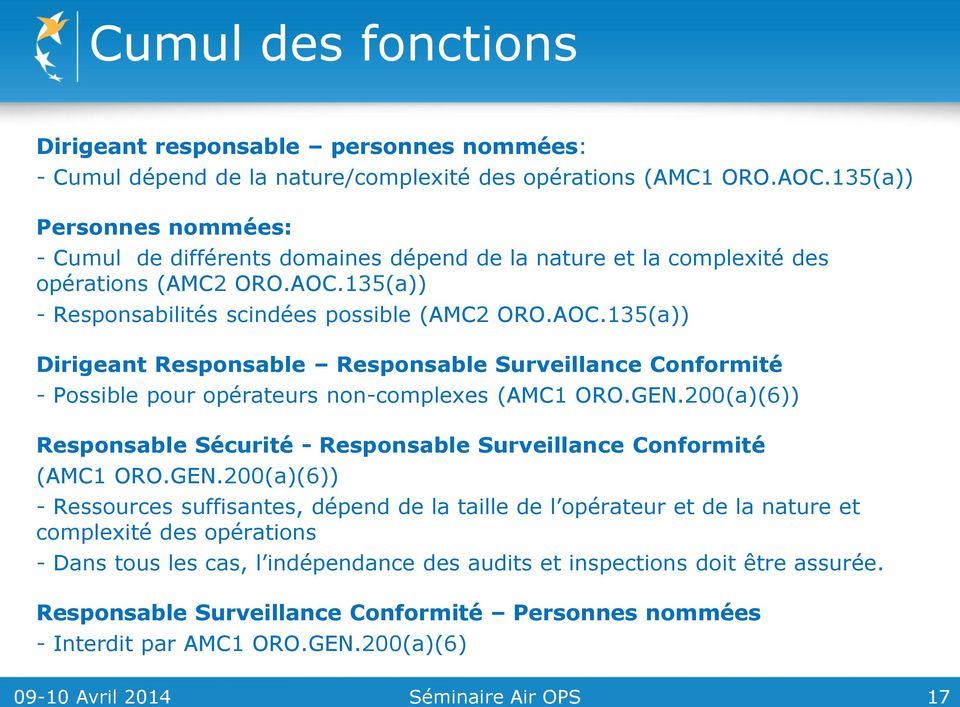 135(a)) - Responsabilités scindées possible (AMC2 ORO.AOC.135(a)) Dirigeant Responsable Responsable Surveillance Conformité - Possible pour opérateurs non-complexes (AMC1 ORO.GEN.