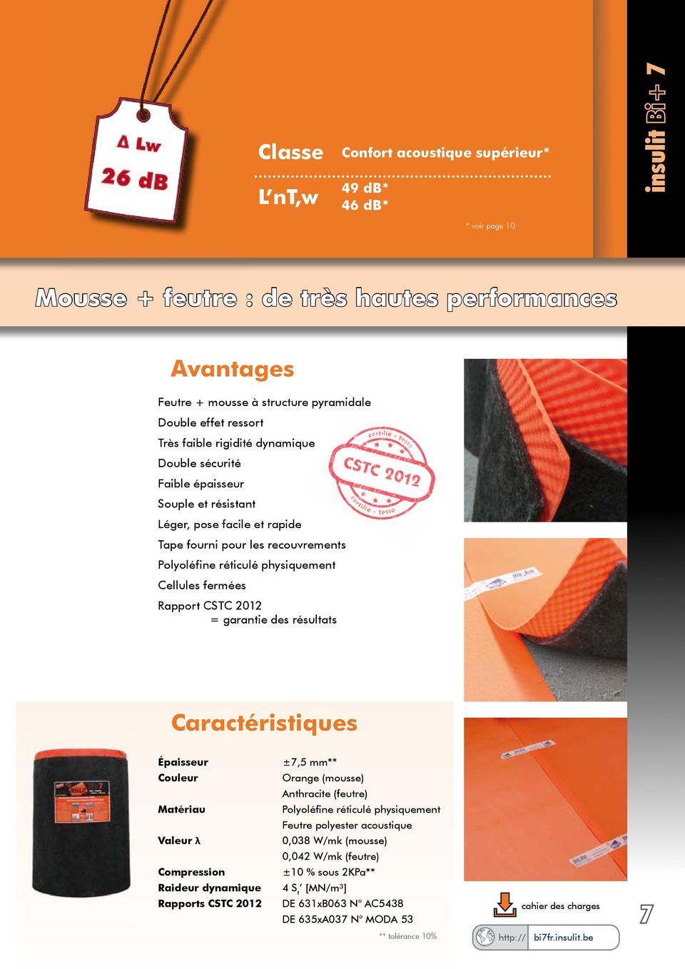 Rapport CSTC 2012 = garantie des résultats Caractéristiques Épaisseur Couleur Matériau Valeur λ Compression Raideur dynamique Rapports CSTC 2012 ±7,5 mm** Orange (mousse) Anthracite (feutre)