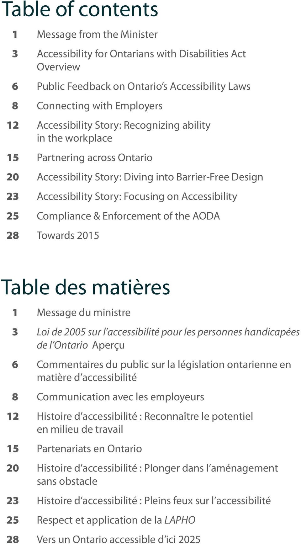 Compliance & Enforcement of the AODA 28 Towards 2015 Table des matières 1 Message du ministre 3 Loi de 2005 sur l accessibilité pour les personnes handicapées de l Ontario Aperçu 6 Commentaires du