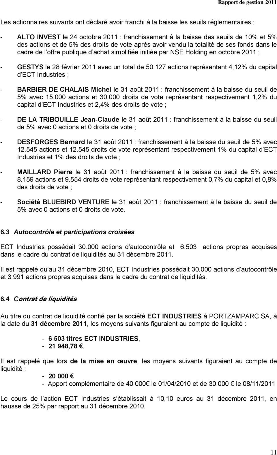 de 50.127 actions représentant 4,12% du capital d ECT Industries ; - BARBIER DE CHALAIS Michel le 31 août 2011 : franchissement à la baisse du seuil de 5% avec 15.000 actions et 30.