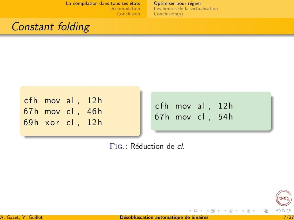 7/27 Constant folding (s) c f h mov al, 12h 67h