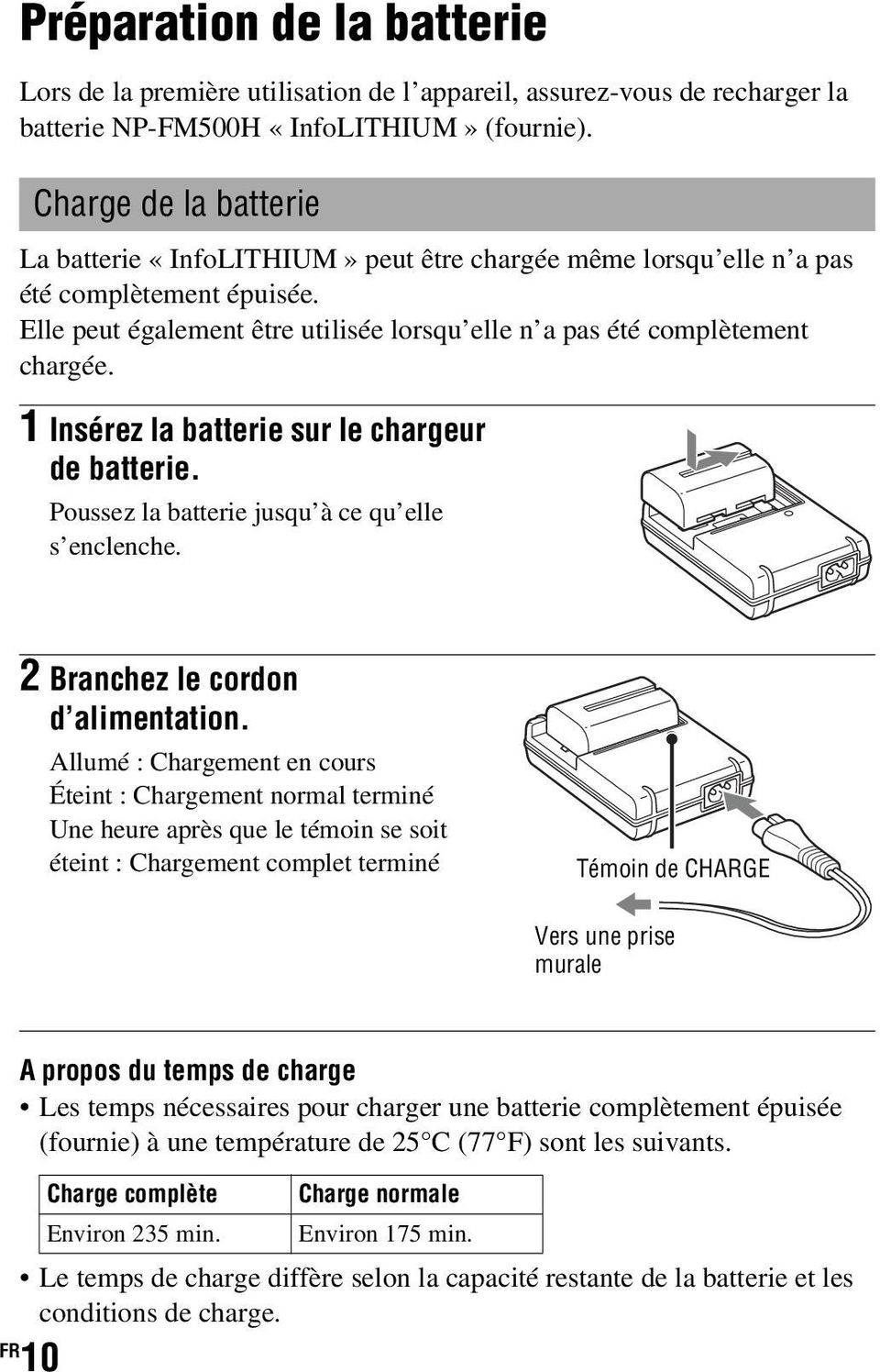1 Insérez la batterie sur le chargeur de batterie. Poussez la batterie jusqu à ce qu elle s enclenche. 2 Branchez le cordon d alimentation.