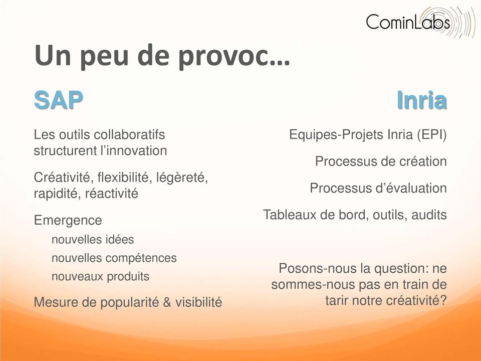 de popularité & visibilité Inria Equipes-Projets Inria (EPI) Processus de création Processus d
