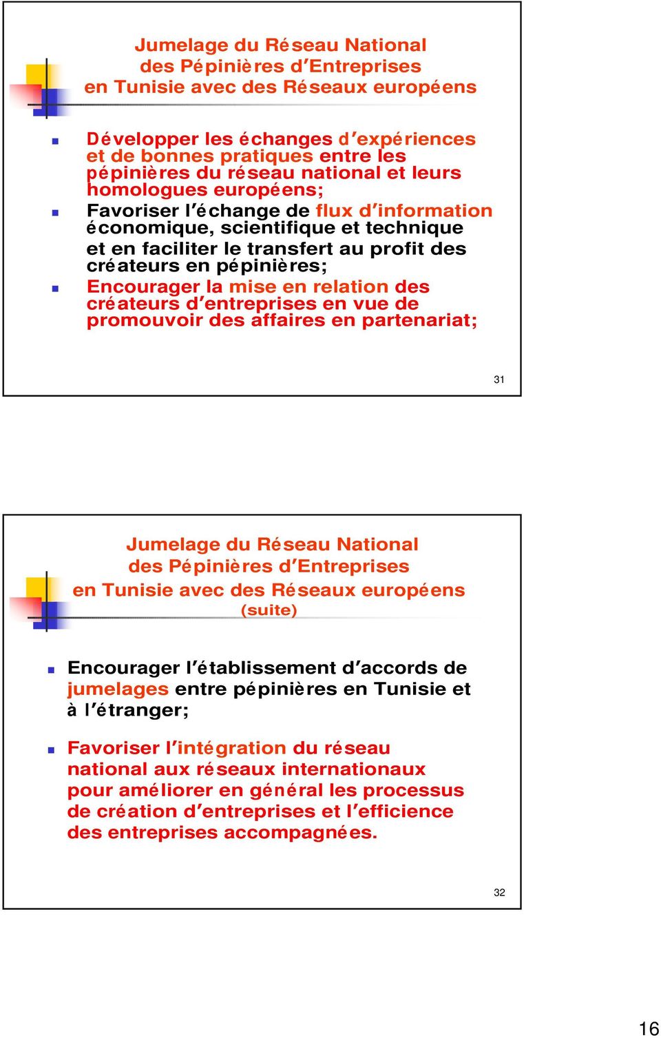 relation des créateurs d entreprises en vue de promouvoir des affaires en partenariat; 31 Jumelage du Réseau National des Pépinières d Entreprises en Tunisie avec des Réseaux européens (suite)