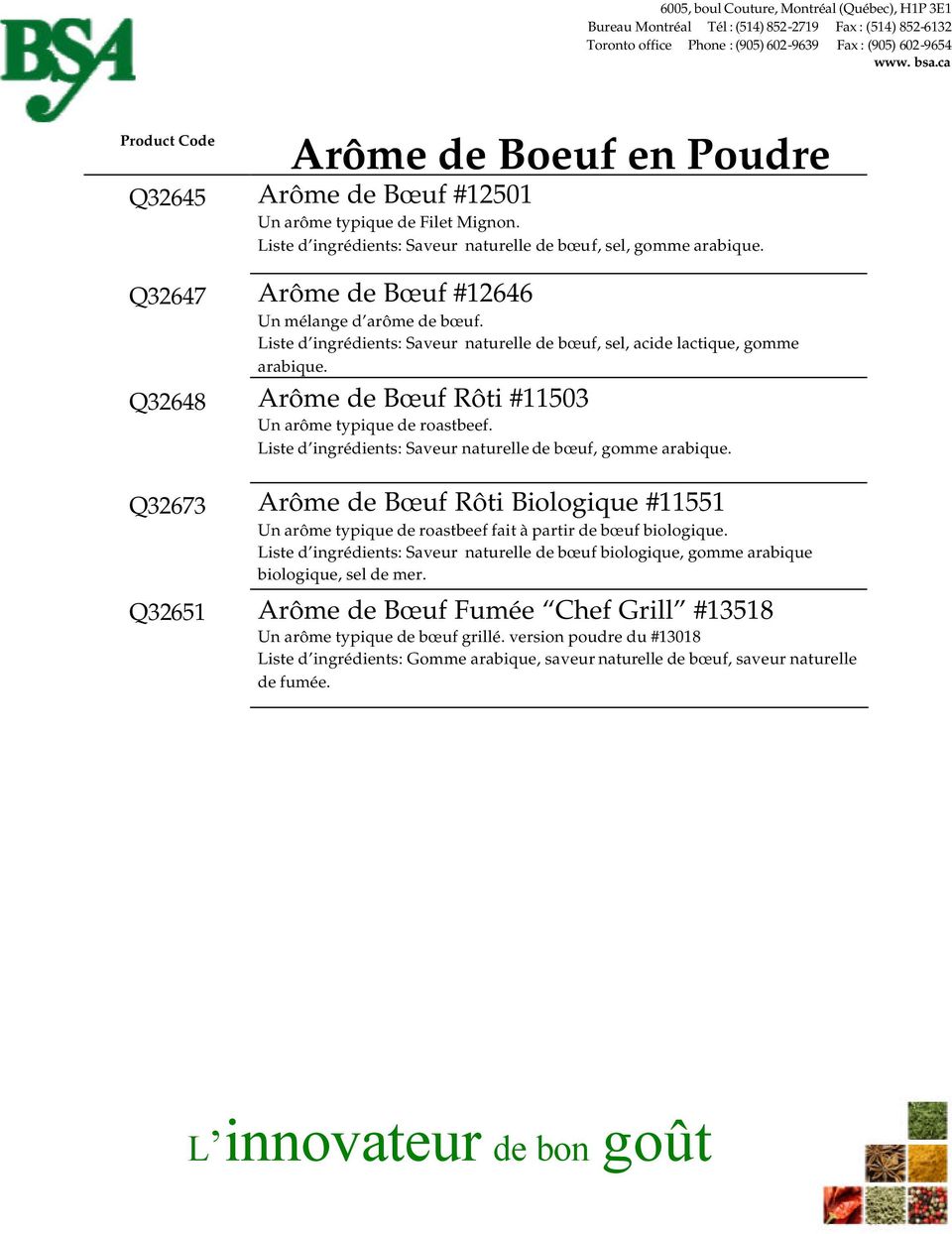 Q32648 Arôme de Bœuf Rôti #11503 Un arôme typique de roastbeef. Liste d ingrédients: Saveur naturelle de bœuf, gomme arabique.