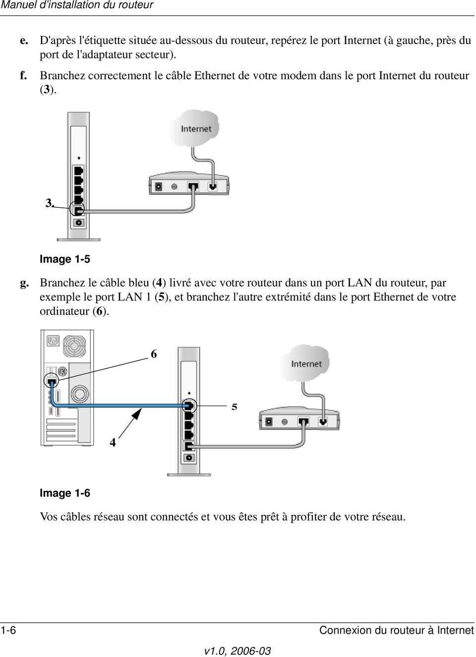 Branchez le câble bleu (4) livré avec votre routeur dans un port LAN du routeur, par exemple le port LAN 1 (5), et branchez l'autre