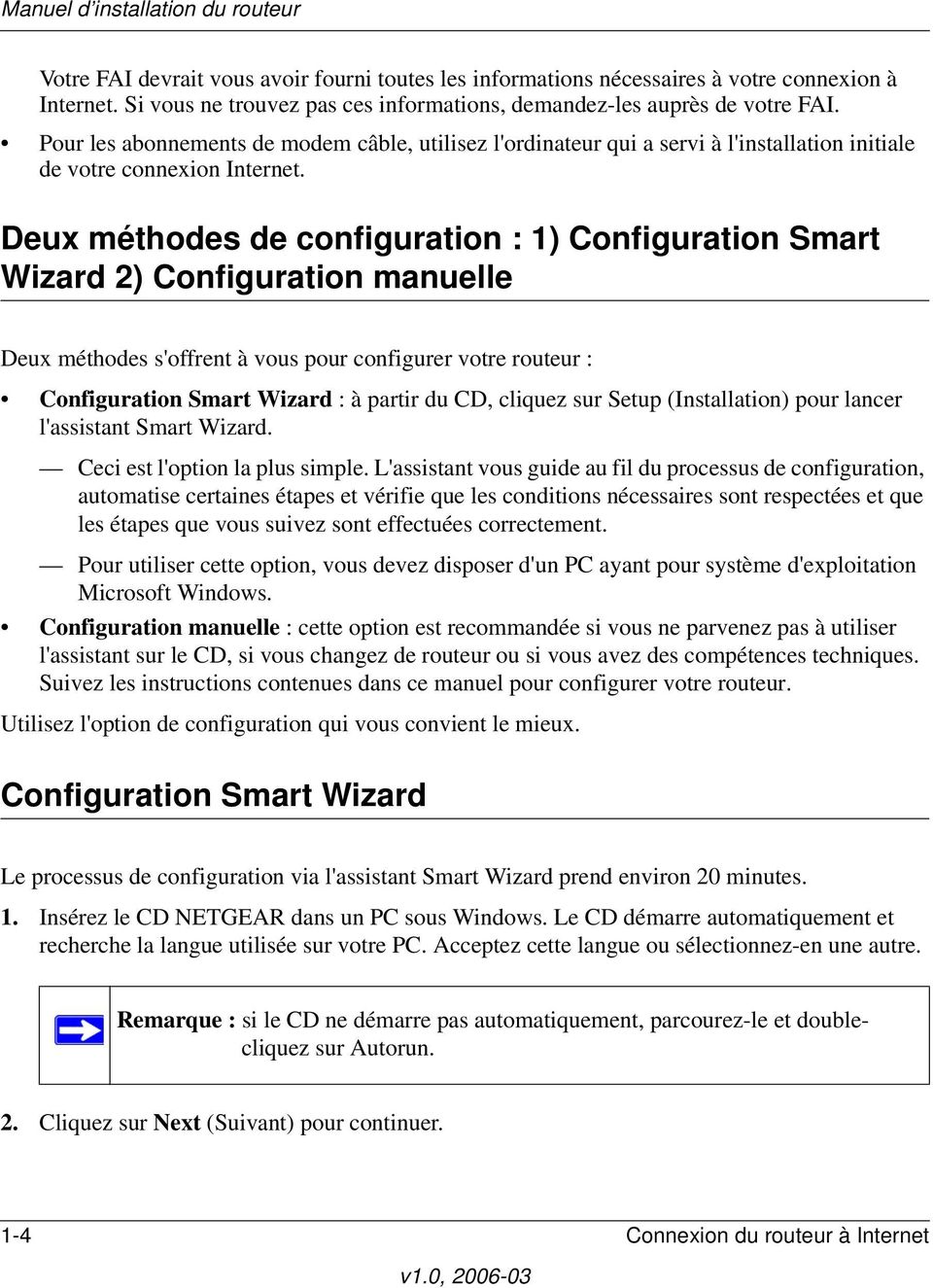 Deux méthodes de configuration : 1) Configuration Smart Wizard 2) Configuration manuelle Deux méthodes s'offrent à vous pour configurer votre routeur : Configuration Smart Wizard : à partir du CD,
