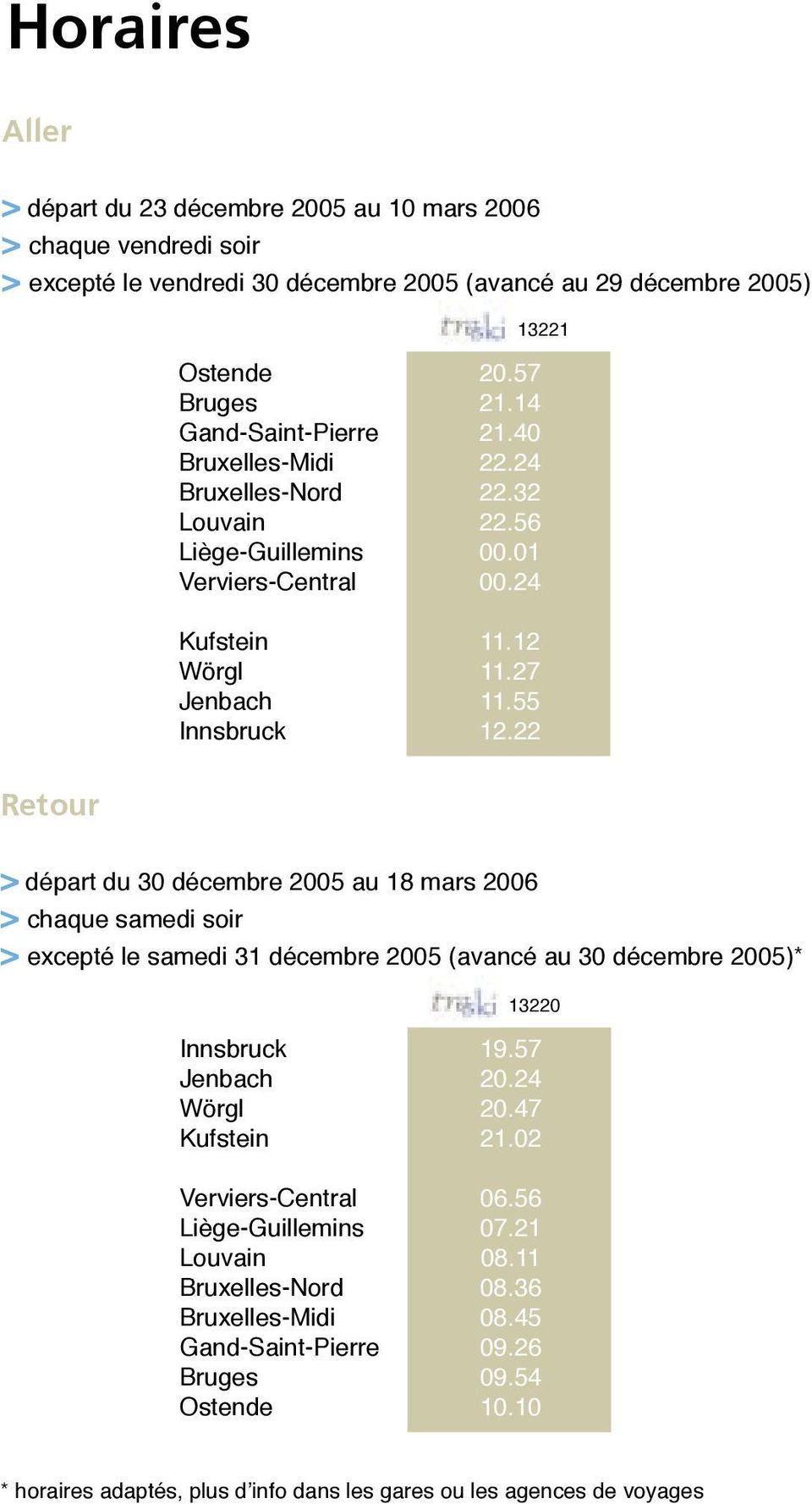 22 Retour > départ du 30 décembre 2005 au 18 mars 2006 > chaque samedi soir > excepté le samedi 31 décembre 2005 (avancé au 30 décembre 2005)* 13220 Kufstein Verviers-Central