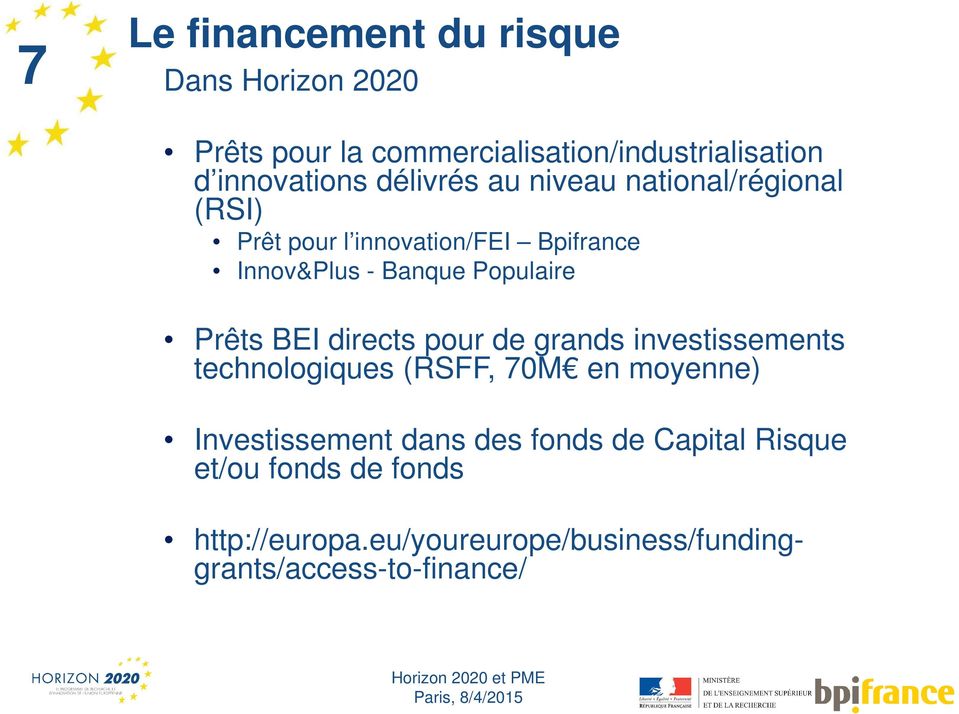 Prêts BEI directs pour de grands investissements technologiques (RSFF, 70M en moyenne) Investissement dans des