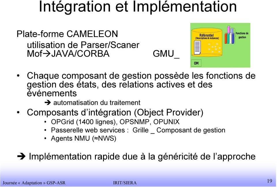 événements automatisation du traitement Composants d intégration (Object Provider) OPGrid (1400 lignes), OPSNMP, OPUNIX Passerelle web