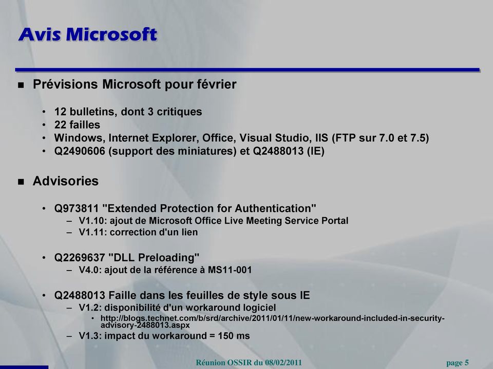 10: ajout de Microsoft Office Live Meeting Service Portal V1.11: correction d'un lien Q2269637 "DLL Preloading" V4.