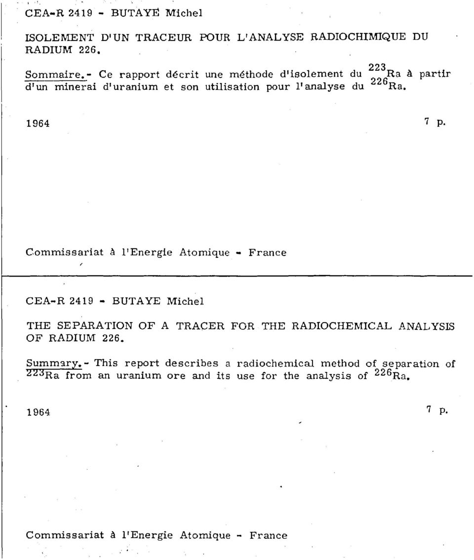 1964 Commissariat à l'energie Atomique - France CEA-R 2419 - BUTA YE Michel THE SEPARATION OF A TRACER FOR THE RADIOCHEM1CAL ANALYSIS OF