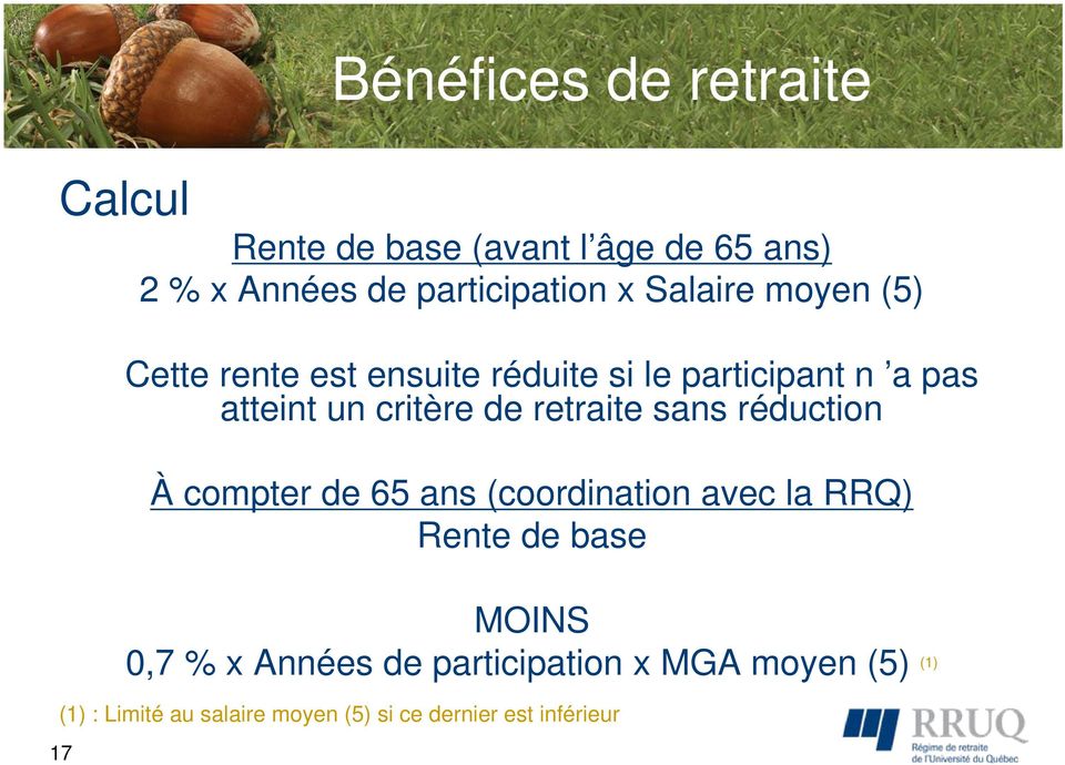 retraite sans réduction À compter de 65 ans (coordination avec la RRQ) Rente de base MOINS 0,7 % x