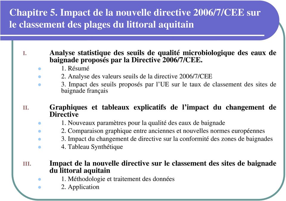 Impact des seuils proposés par l UE sur le taux de classement des sites de baignade français II. III. Graphiques et tableaux explicatifs de l impact du changement de Directive 1.