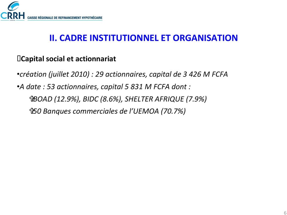 date : 53 actionnaires, capital 5 831 M FCFA dont : BOAD (12.
