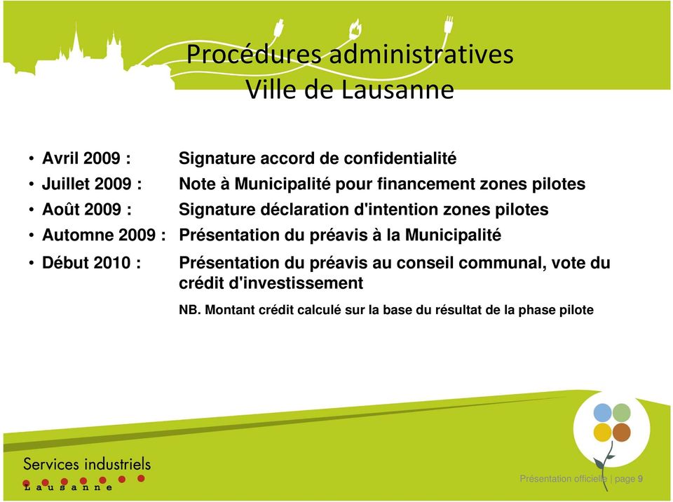 Automne 2009 : Présentation du préavis à la Municipalité Début 2010 : Présentation du préavis au conseil communal,