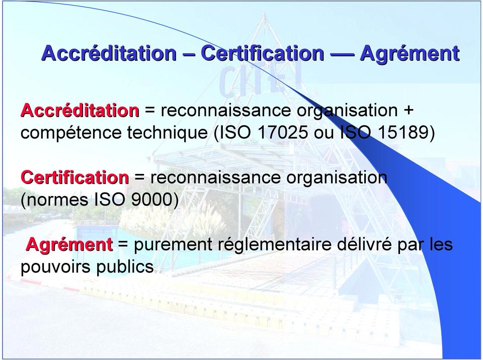 ISO 15189) Certification = reconnaissance organisation (normes