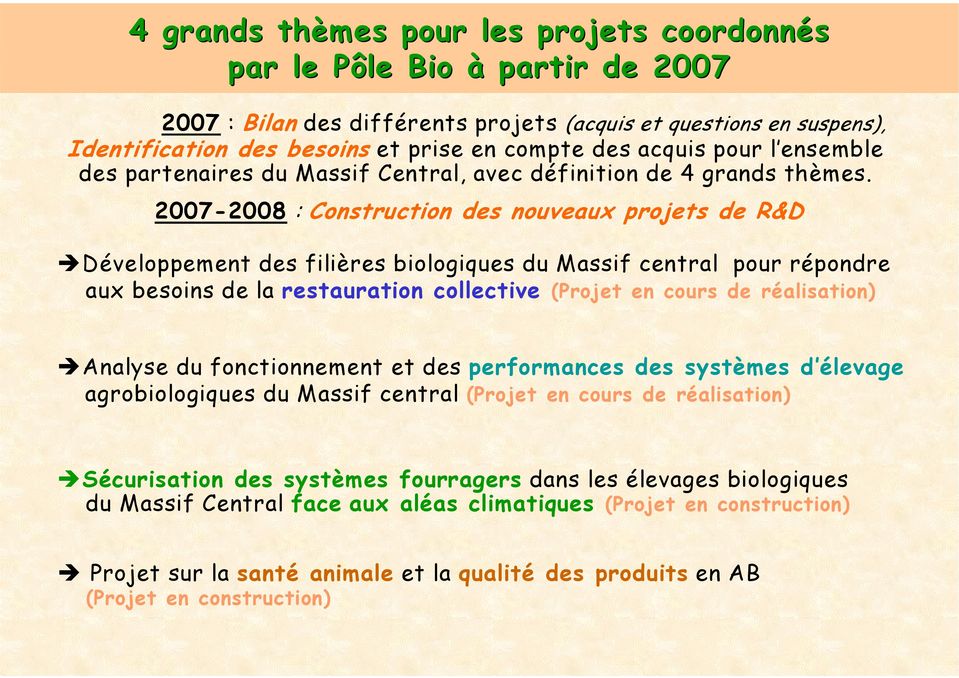 2007-2008 : Construction des nouveaux projets de R&D Développement des filières biologiques du Massif central pour répondre aux besoins de la restauration collective (Projet en cours de réalisation)