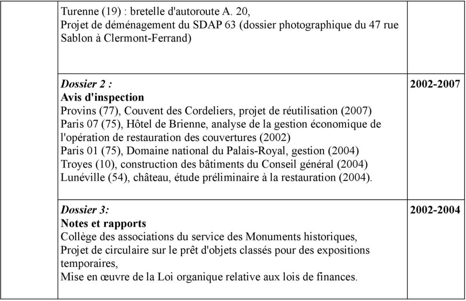(75), Hôtel de Brienne, analyse de la gestion économique de l'opération de restauration des couvertures (2002) Paris 01 (75), Domaine national du Palais-Royal, gestion (2004) Troyes (10),