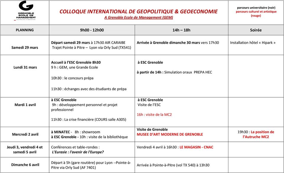 Accueil à l ESC Grenoble 8h30 9 h : GEM, une Grande Ecole 10h30 : le concours prépa à ESC Grenoble à partir de 14h : Simulation oraux PREPA HEC 11h30 : échanges avec des étudiants de prépa Mardi 1