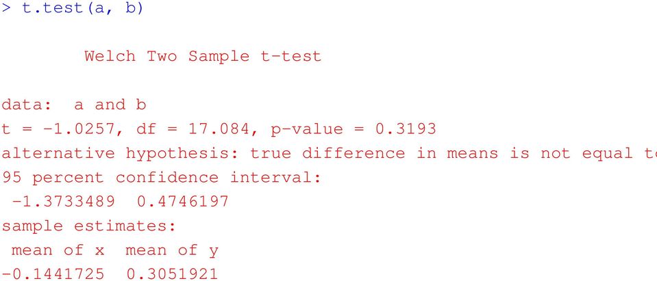 interval: -1.3733489 0.4746197 sample estimates: mean of x mean of y -0.1441725 0.