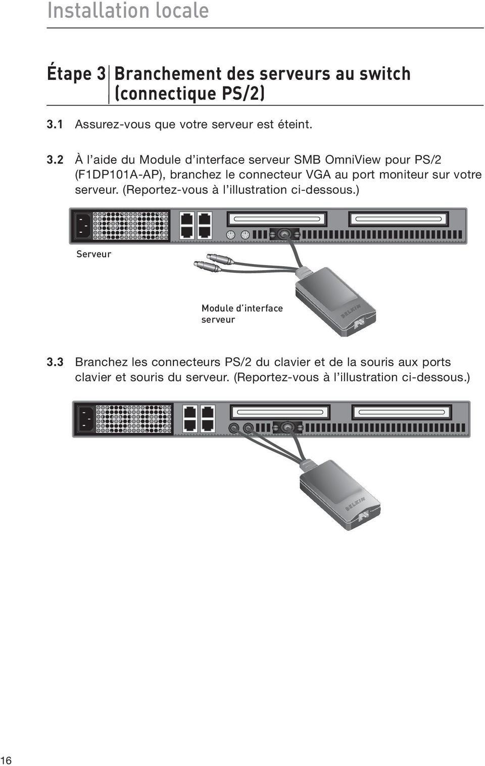 2 À l aide du Module d interface serveur SMB OmniView pour PS/2 (F1DP101A-AP), branchez le connecteur VGA au port moniteur