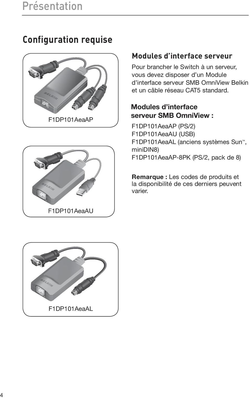 F1DP101AeaAP Modules d interface serveur SMB OmniView : F1DP101AeaAP (PS/2) F1DP101AeaAU (USB) F1DP101AeaAL (anciens