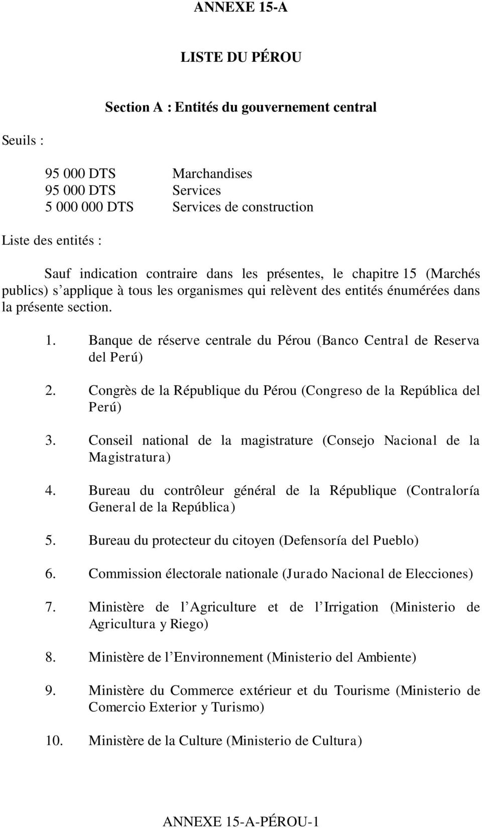 Congrès de la République du Pérou (Congreso de la República del Perú) 3. Conseil national de la magistrature (Consejo Nacional de la Magistratura) 4.