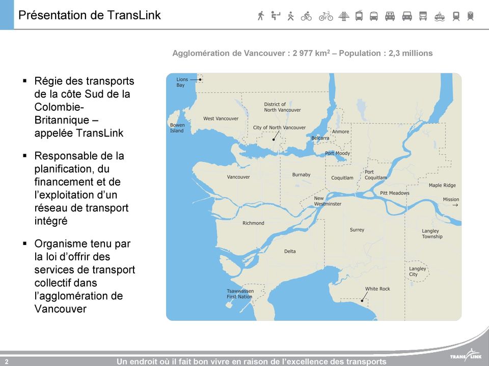 Colombie- Britannique appelée TransLink Responsable de la planification, du financement et de l exploitation d un