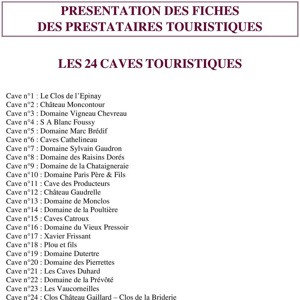 Paris Père & Fils Cave n 11 : Cave des Producteurs Cave n 12 : Château Gaudrelle Cave n 13 : Domaine de Monclos Cave n 14 : Domaine de la Poultière Cave n 15 : Caves Catroux Cave n 16 : Domaine du