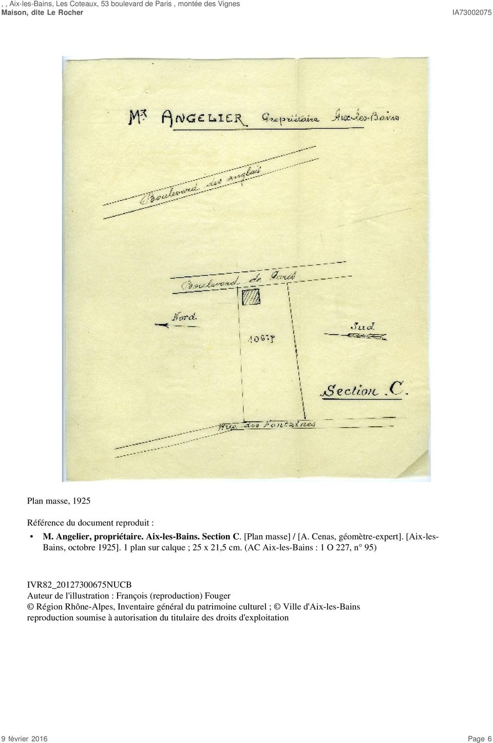 [Aix-lesBains, octobre 1925]. 1 plan sur calque ; 25 x 21,5 cm.