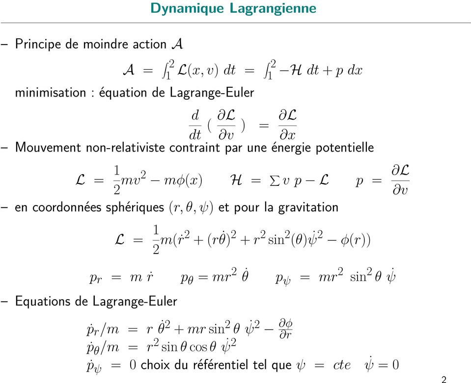 coordonnées sphériques (r, θ, ψ) et pour la gravitation L = 1 m(ṙ + (r θ) + r sin (θ) ψ ϕ(r)) Equations de Lagrange-Euler p r =